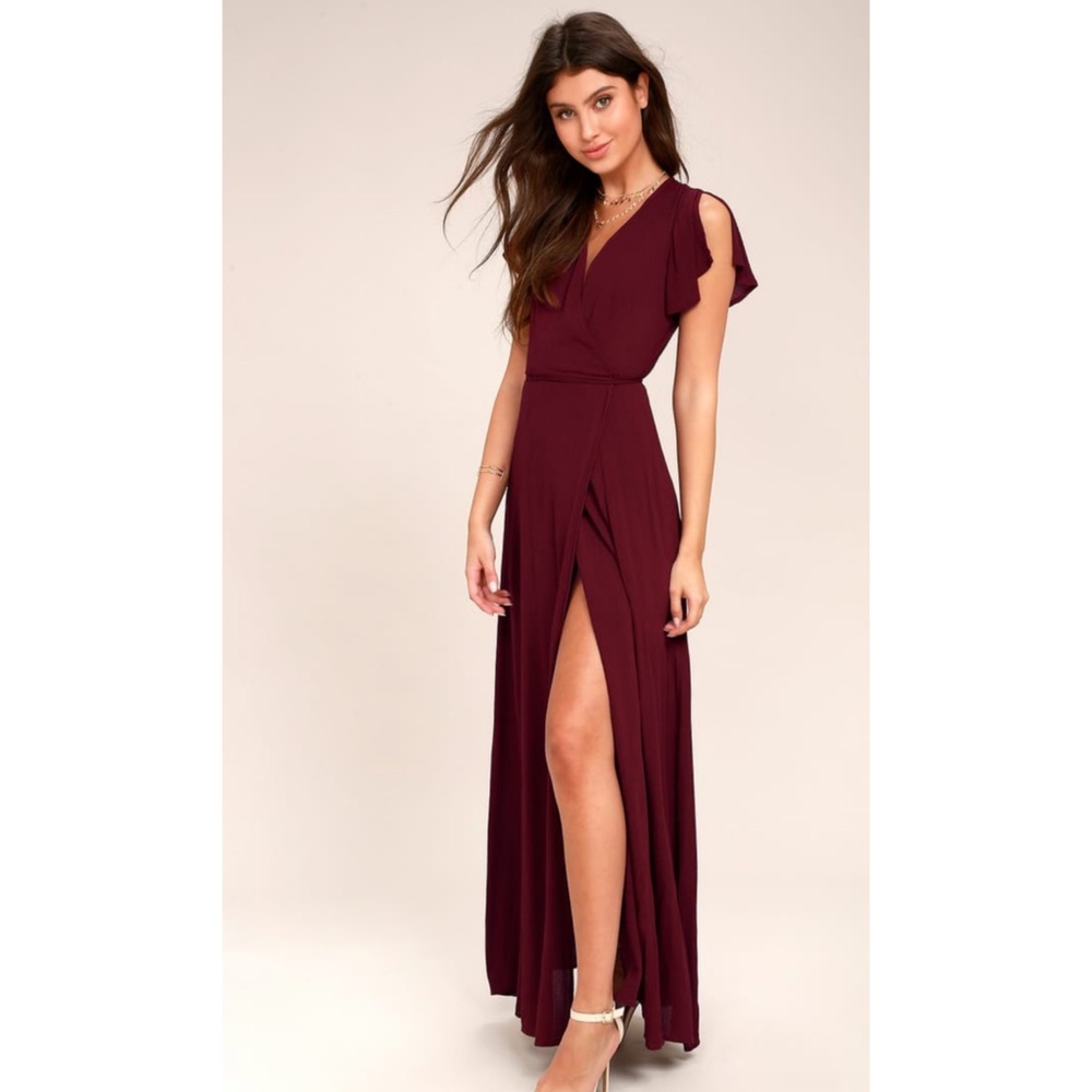 Lulu’s Heart of Marigold Burgundy Wrap Maxi Dress
